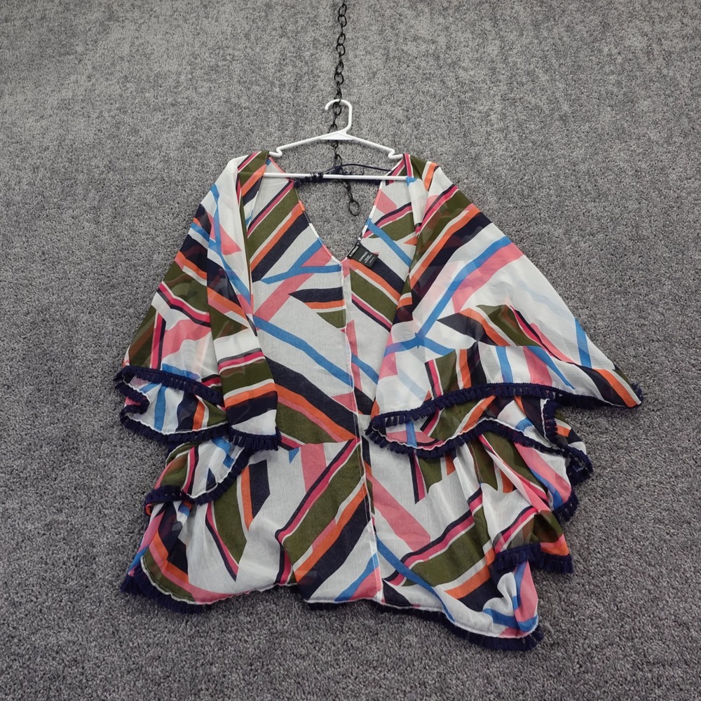 Express Kimono Cardigan Womens One Size Multicolor Geometric Fringe Trim Sheer
